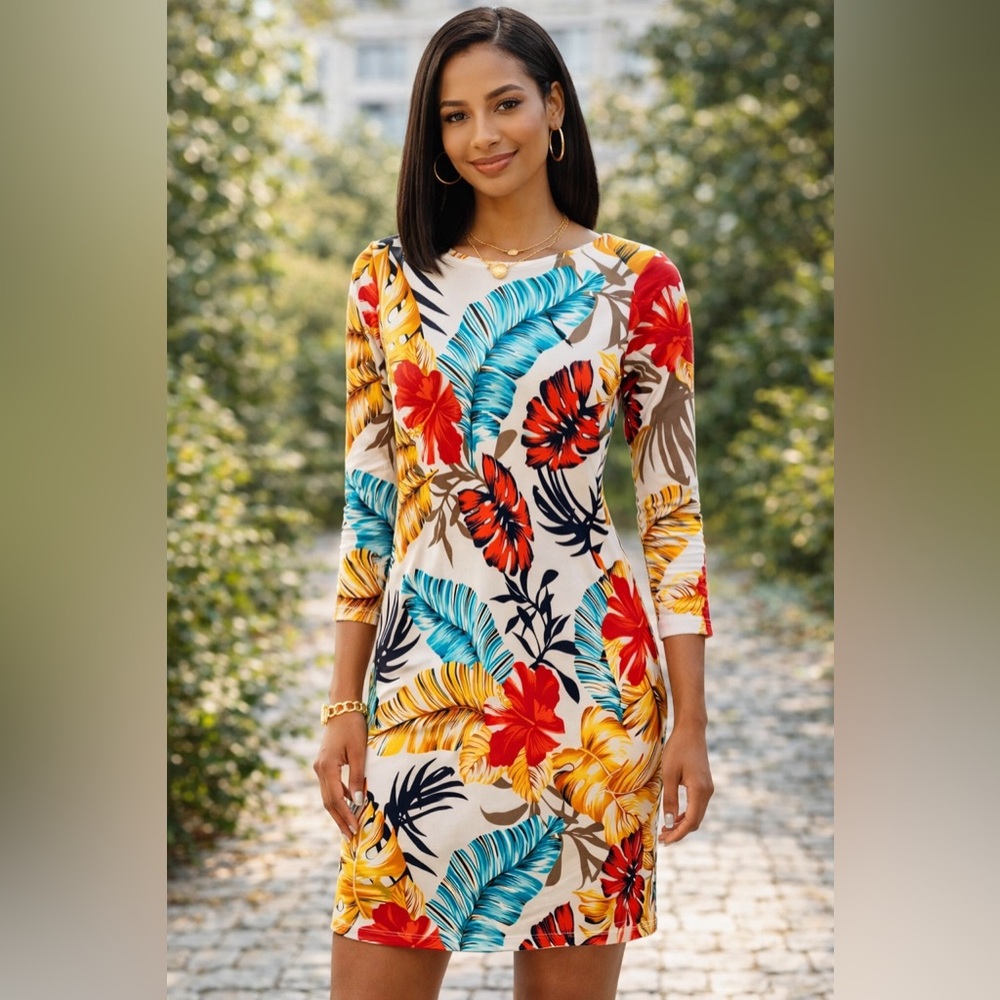 NWT Janay Yatiece Colorful Knit Dress Sz M Tropical Blue Orange Yellow Party